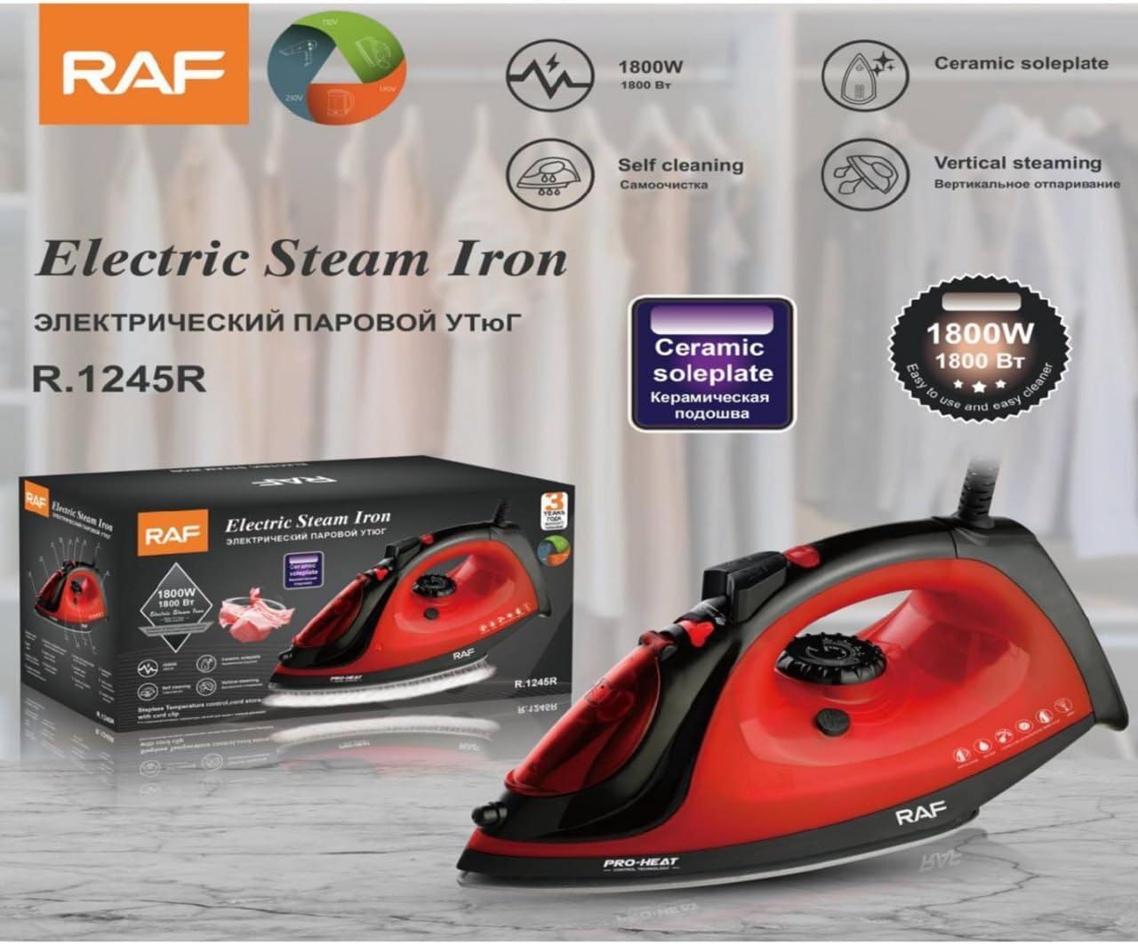 RAF R.1245R Steam Iron with features highlighted, including ceramic soleplate, 1800W, self-cleaning, and vertical steaming