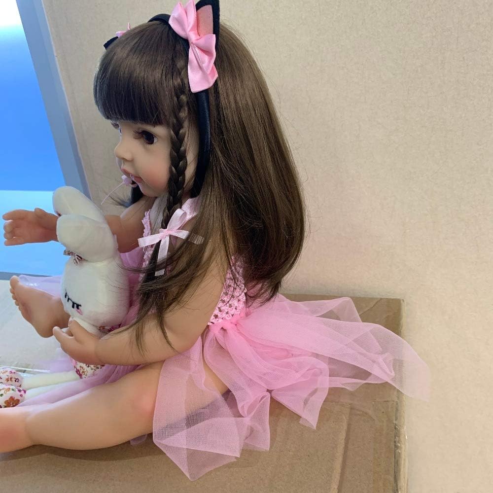 RXDOLL Reborn Baby Dolls Silicone Vinyl Full Body Girls 22 inches 55cm Toddlers Newborn Princesses Waterproof with Pink Dress Eyes Open for Birthday Xmas Gifts