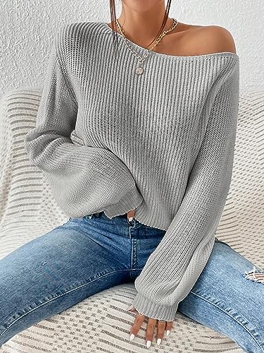 Image of SweatyRocks Women's Casual Lantern Long Sleeve Sweaters Crew Neck Ribbed Knitted Pullover Tops Light Grey L