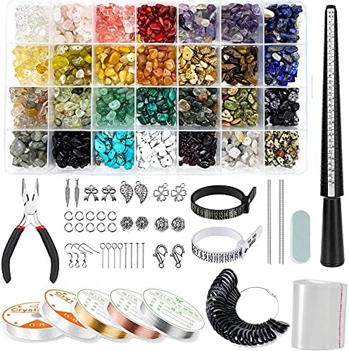 1784Pcs Jewelry Making Kit with 28 Colors Gemstone Crystal Beads, Earring Making Kit with Silver Charms, Jewelry Beading Wire, Plier, DIY Ring Sizer Measuring Tool for Girls, Women, Adults