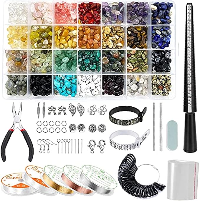 1784 Pieces Jewelry Making Kit with 28 Colors Gemstone Crystal Beads, Earring Making Kit with Silver Jewelry, Jewelry Beading Wire, Pliers, DIY Ring Size Measuring Tool for Girls, Women, Adults