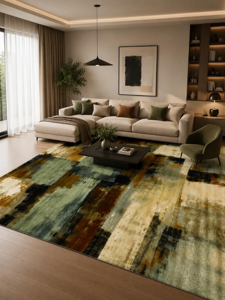 Tappeto Salotto Moderno Astratto Verde Salvia, Beige e Marrone, Lavabile in Lavatrice e Antiscivolo TPR, Pelo Corto Morbido per Soggiorno e Camera da Letto (200 x 300 cm)