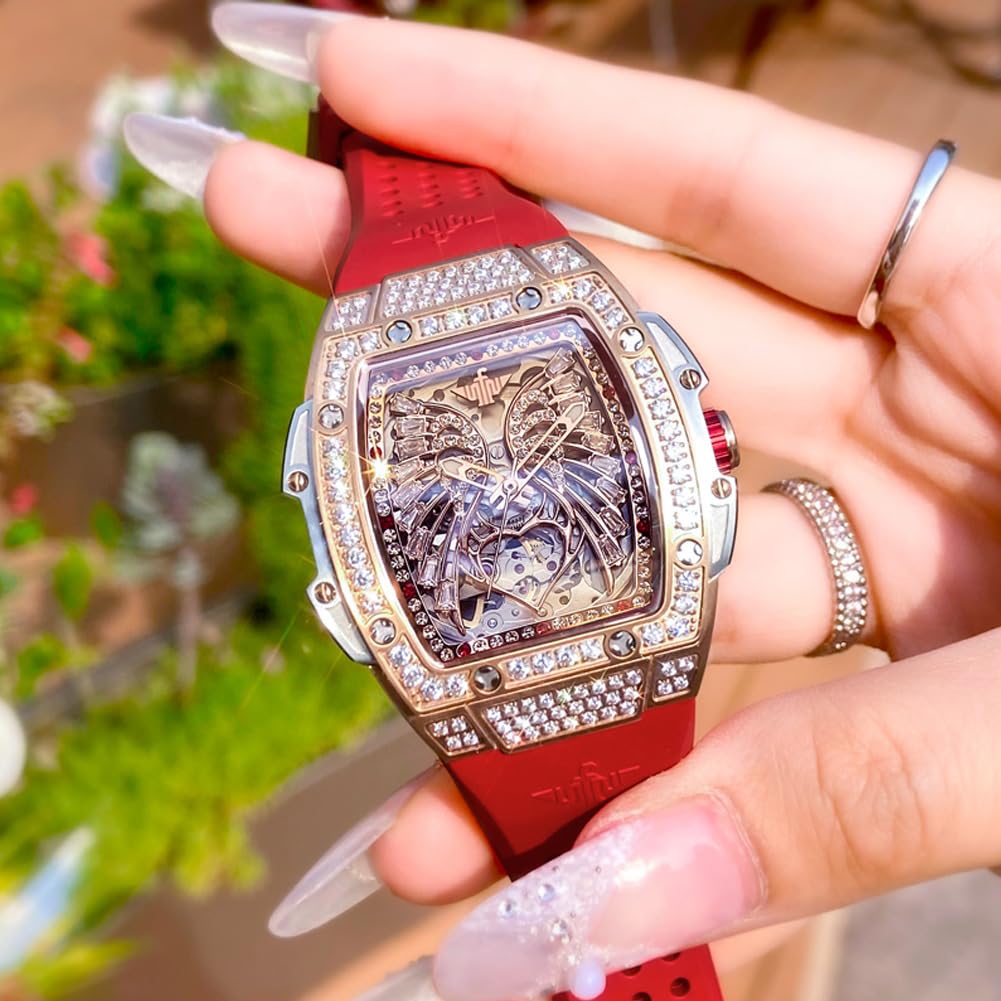 OUPINKE Orologi automatici da donna alla moda scheletro cavo Squre orologi da donna diamanti oro rosa impermeabile luminoso meccanico orologio da donna rosso bianco cinturino in silicone morbido
