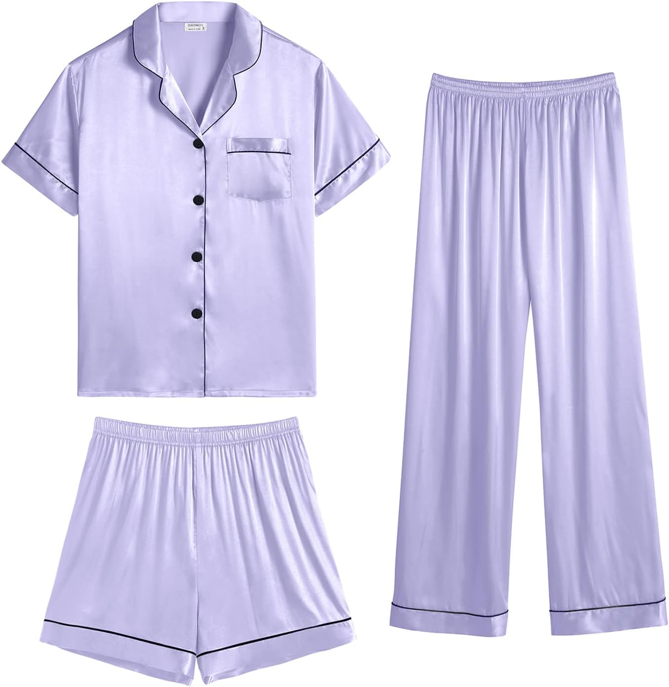 SWOMOG Womens Silk Satin Pajama Sets 3Pcs Button Down Pj Set Short Sleeve Sleepwear Loungewear Pjs Nightwear XS-XXL