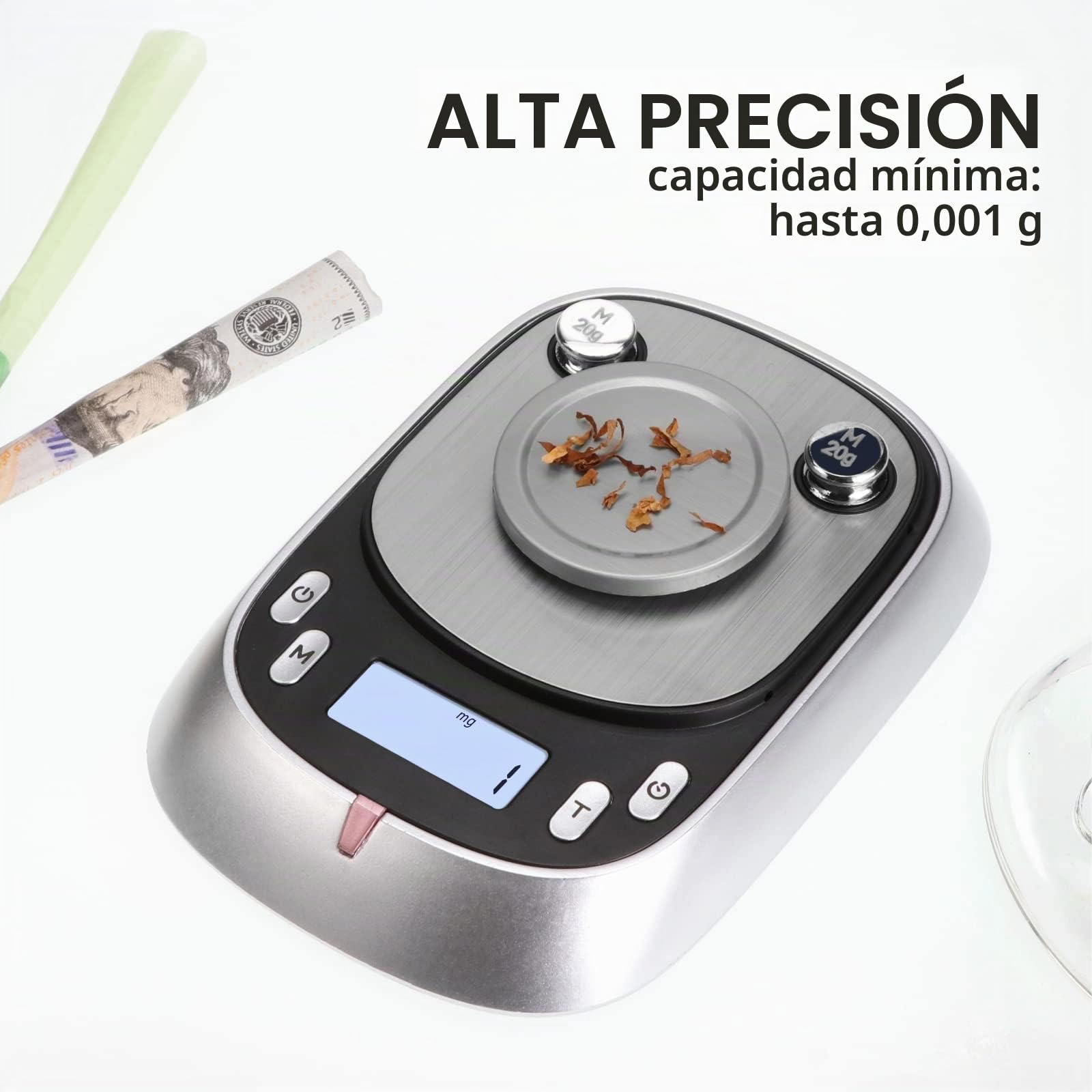 Báscula de miligramos, 50 g-0,001 g, 7 unidades, báscula de alta precisión con retroiluminación LCD, escala de mini gramos con función de tara, escala mg para polvo, oro, joyas (pilas incluidas)