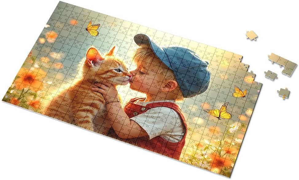 Jigsaw Puzzles 1000 Pieces for Adults Child Kissing Cat in Flower Garden with Butterflies Picture Puzzle Puzzles for Toddlers 2-4 Gift for 4 Year Old Boy(1000PCS)