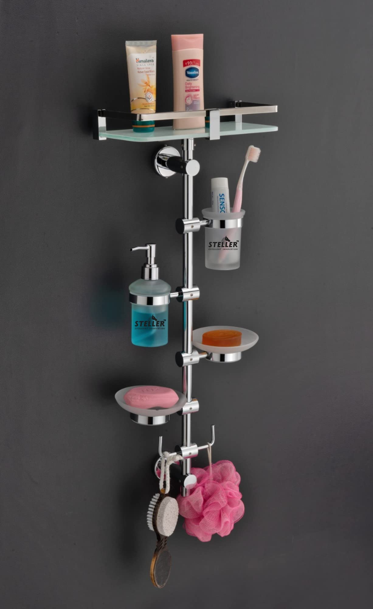 STELLER-EXCELLENT INNOVATION All in 1 Multipurpose Bathroom Accessories Stand/Set (Pole) - 2 Hanger, 2 Soap Dish, Tumbler, Liquid Dispenser, Shelf Made of SS 202 (Silver)