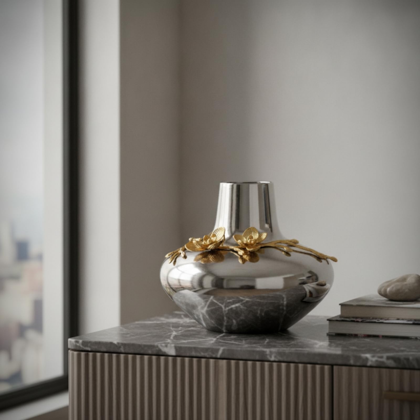 predolo Florero con Acabado Plateado Elegante Jarrón con Cuello Estrecho Dorado Jarrones para Mesa Centro