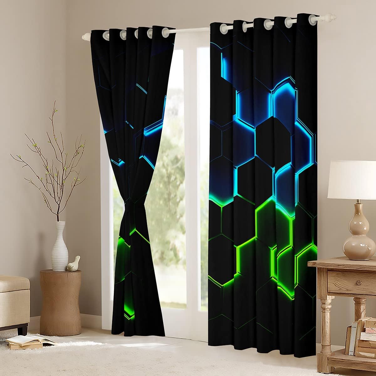 Honeycomb Window Curtain,Geometric Hexagon Theme Curtains,Green Blue Neon Lights Window Treatment Curtain,Boys Teen Man Chic Creative Home Window Drapes,Top 2 Panel,38Wx45L,Black