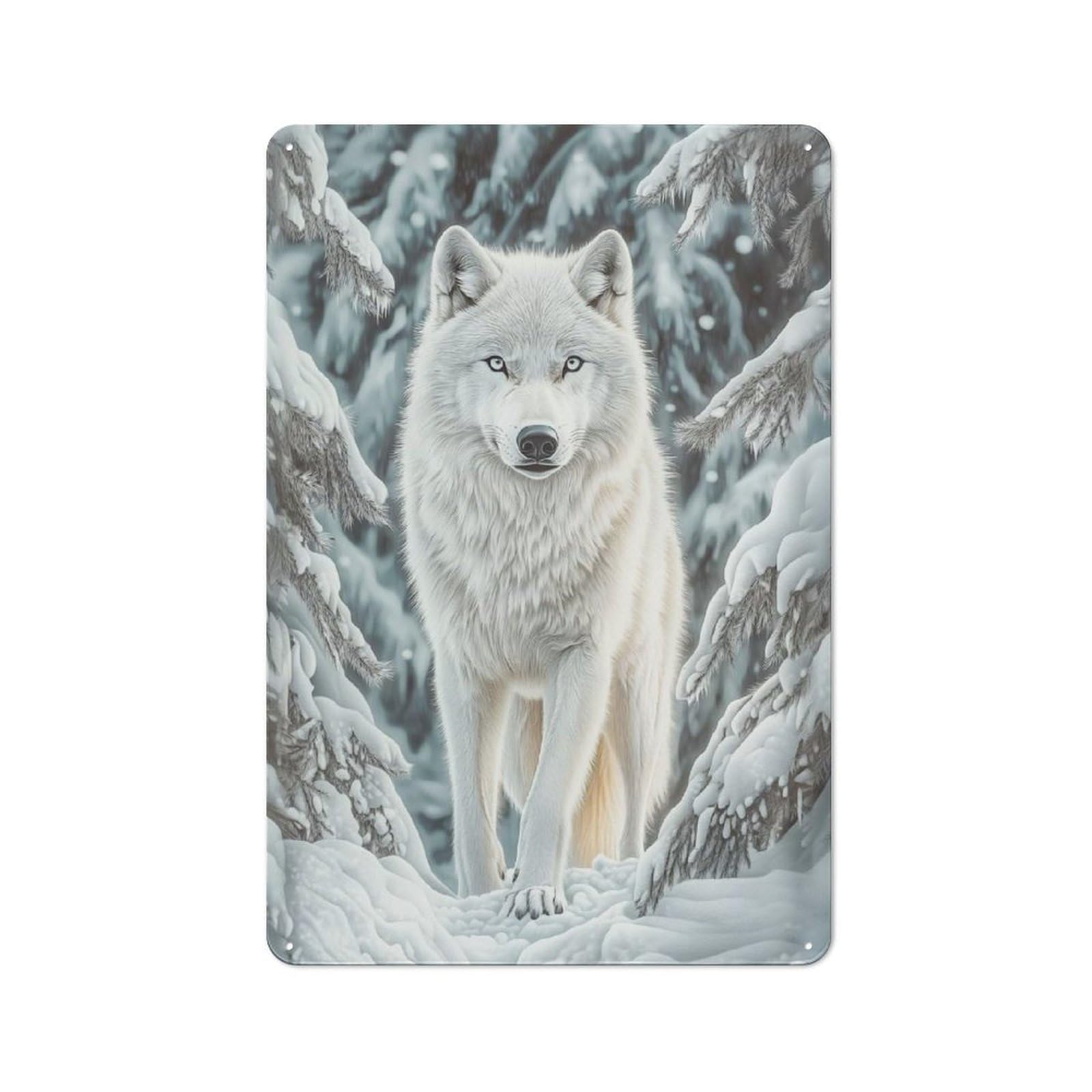 Junmoney Style-10 Tin Wall Plaque 30X20cm With White Wolf In Winter Forest For Garage Wall, Suited To People Furnishing A Garage