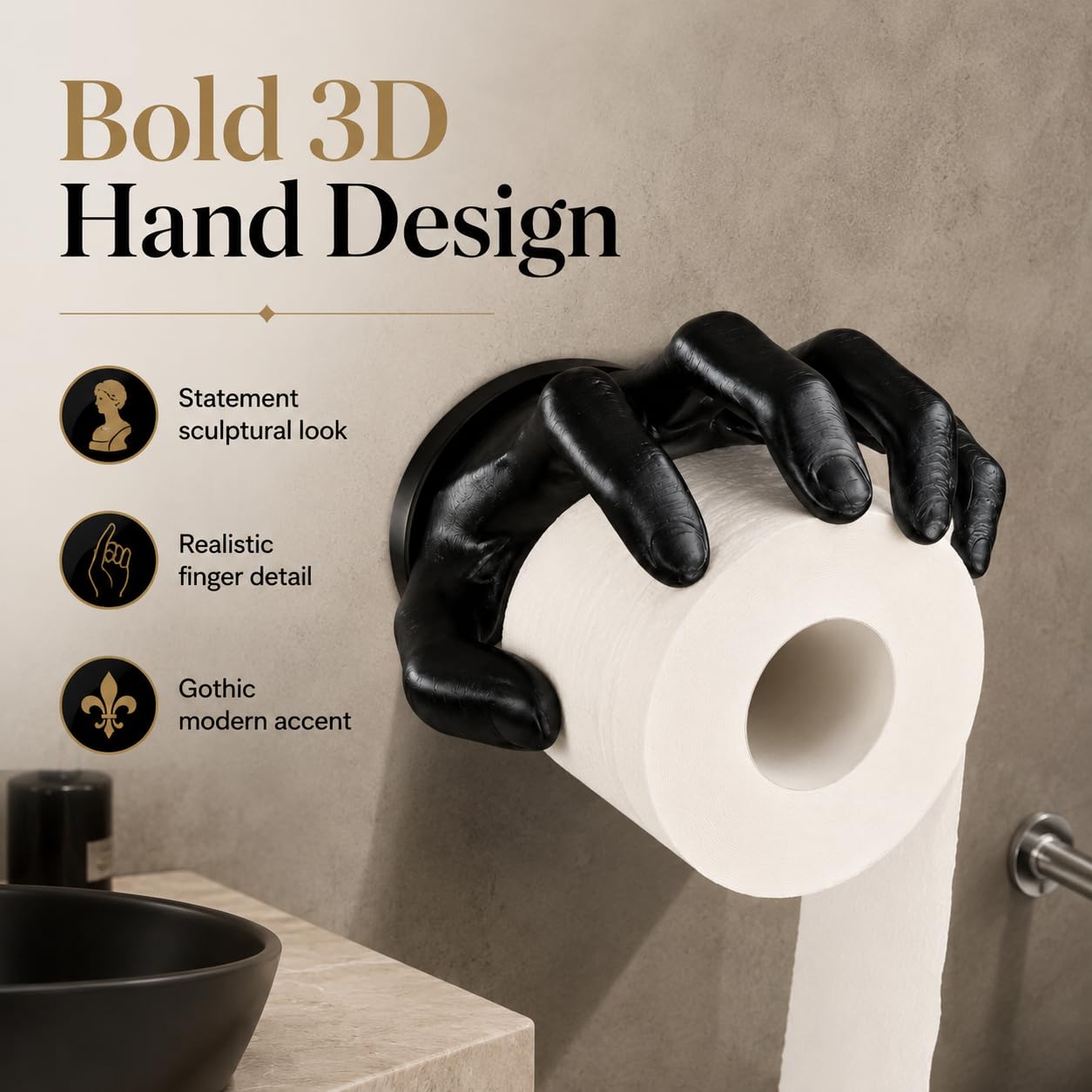 Portarrollos de Papel, Soporte de Pared Mano Negra 3D para Baño