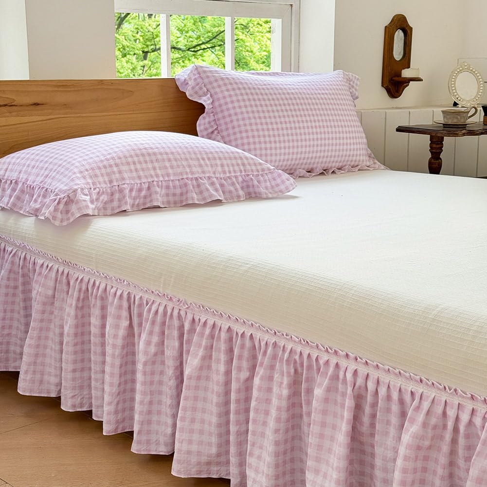 Pink Gingham Wrap Around Ruffled Bed Skirt with Lace Decor, Plaid Grid Adjustable Elastic Dust Ruffles for Queen Bed, 15 Inch Drop Farmhouse Cottage Pleated Bed Frame Cover(Pink Gingham, Queen)