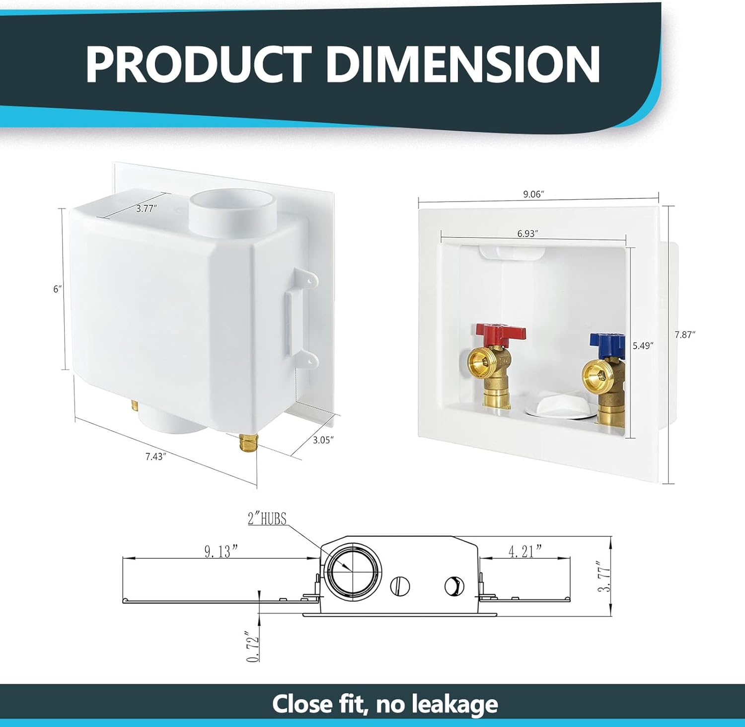 Washing Machine Outlet Box, Center Drain/Side Drain, 1/2 Inch Pex Crimp Inlet x 3/4 Inch MHT Outlet Connection, Laundry Washer Valve Outlet Box