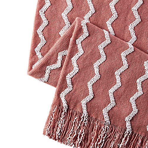 Bourina Fluffy Chenille Knitted Fringe Throw Blanket Lightweight Soft Cozy For Bed Sofa Chair Throw Blankets, Coral Pink 50" X 60" #TOP1