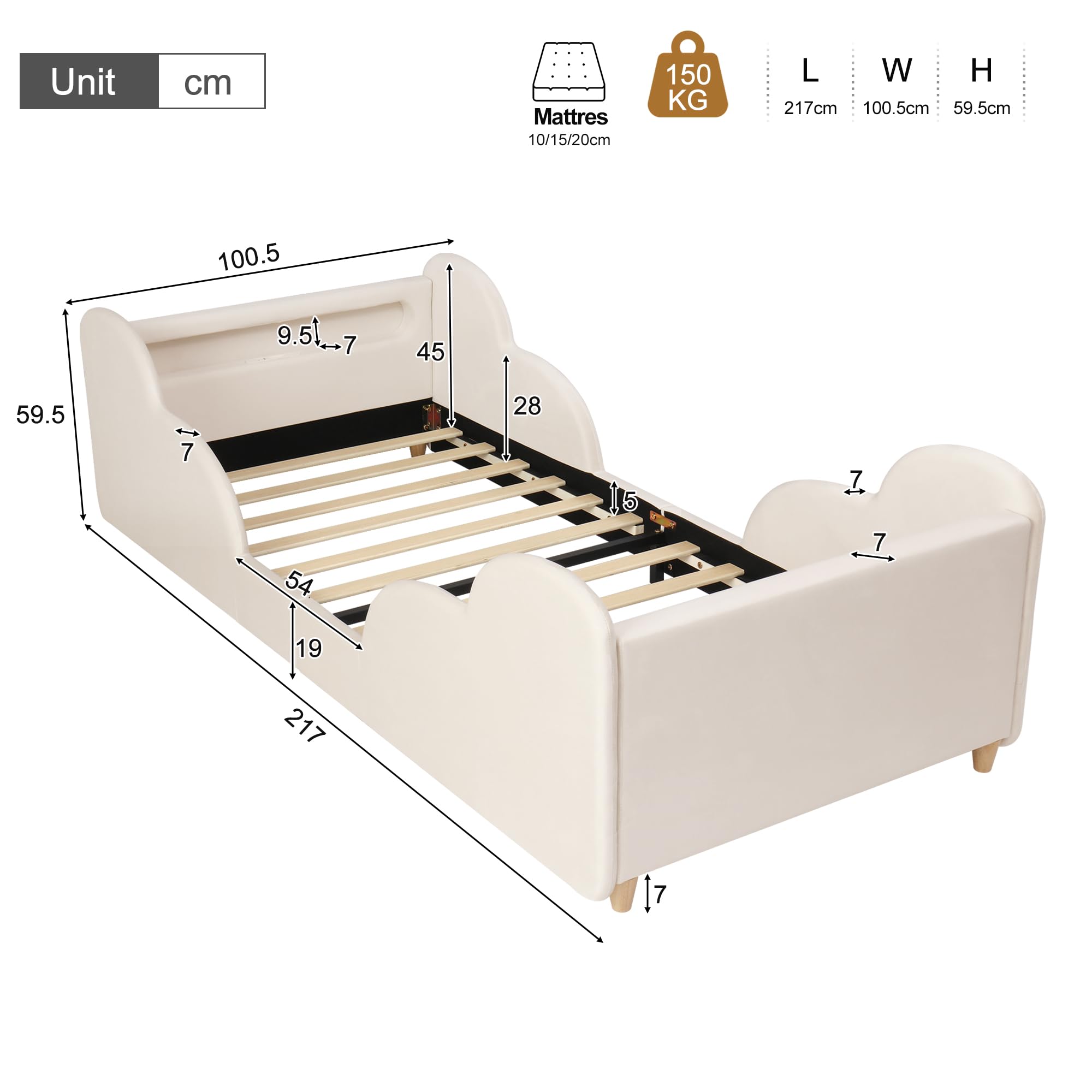 Cama acolchada para niños de 90 x 200 cm, cama individual con barandilla protectora, con luz nocturna y puerto de carga USB y compartimentos de almacenamiento, patas de cama de madera maciza
