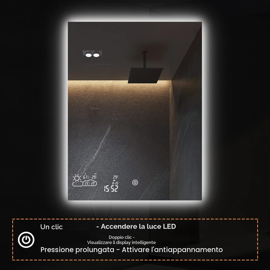 byecold Specchio da bagno a LED, anti-appannamento, 60 x 80 cm, con interruttore touch, stazione meteo WiFi e data, Smart Mirror, verticale