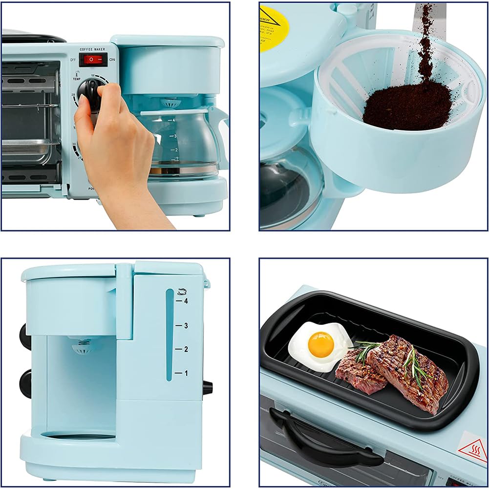 Machine à Petit-déjeuner multifonctionnelle 3 en 1 avec cafetière, Plaque antiadhésive et Four Grille-Pain à 4 tranches - Station de Petit-déjeuner complète