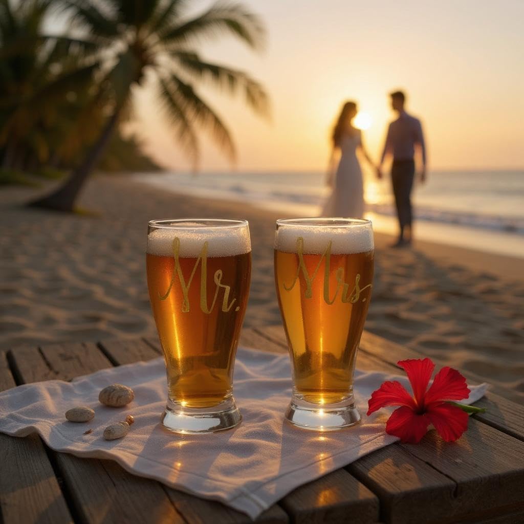 NBGRLVS 2pc Mr. & Mrs. Wedding Pilsner Glass Pub Glasses, 19 oz, Gold Writing