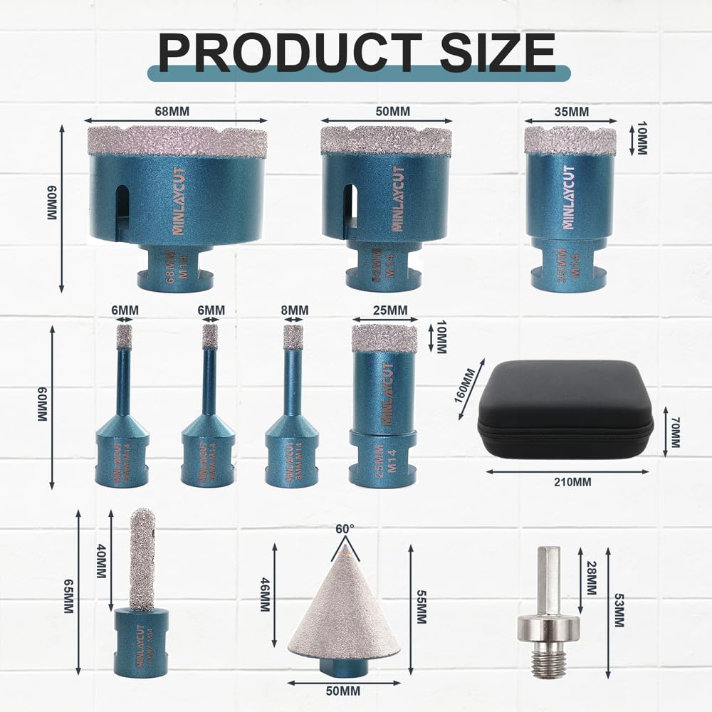 Broca Porcelanico de Diamante - 6/6/8/20/35/50/68mm 10 Piezas/Juego y 10mm and 50mm Fresa para Perforación en Seco Porcelana Azulejo Granito Mármol