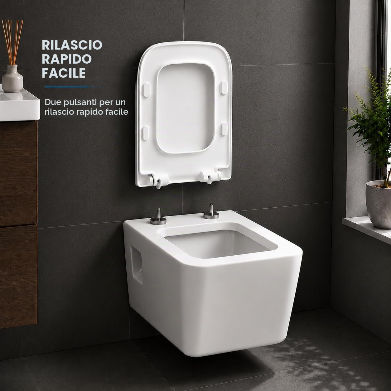Mass Dynamic Sedile WC quadrato, con abbassamento automatico e sgancio rapido per una facile pulizia, sedile universale per WC di forma quadrata, fissaggio superiore, facile installazione (40 cm di
