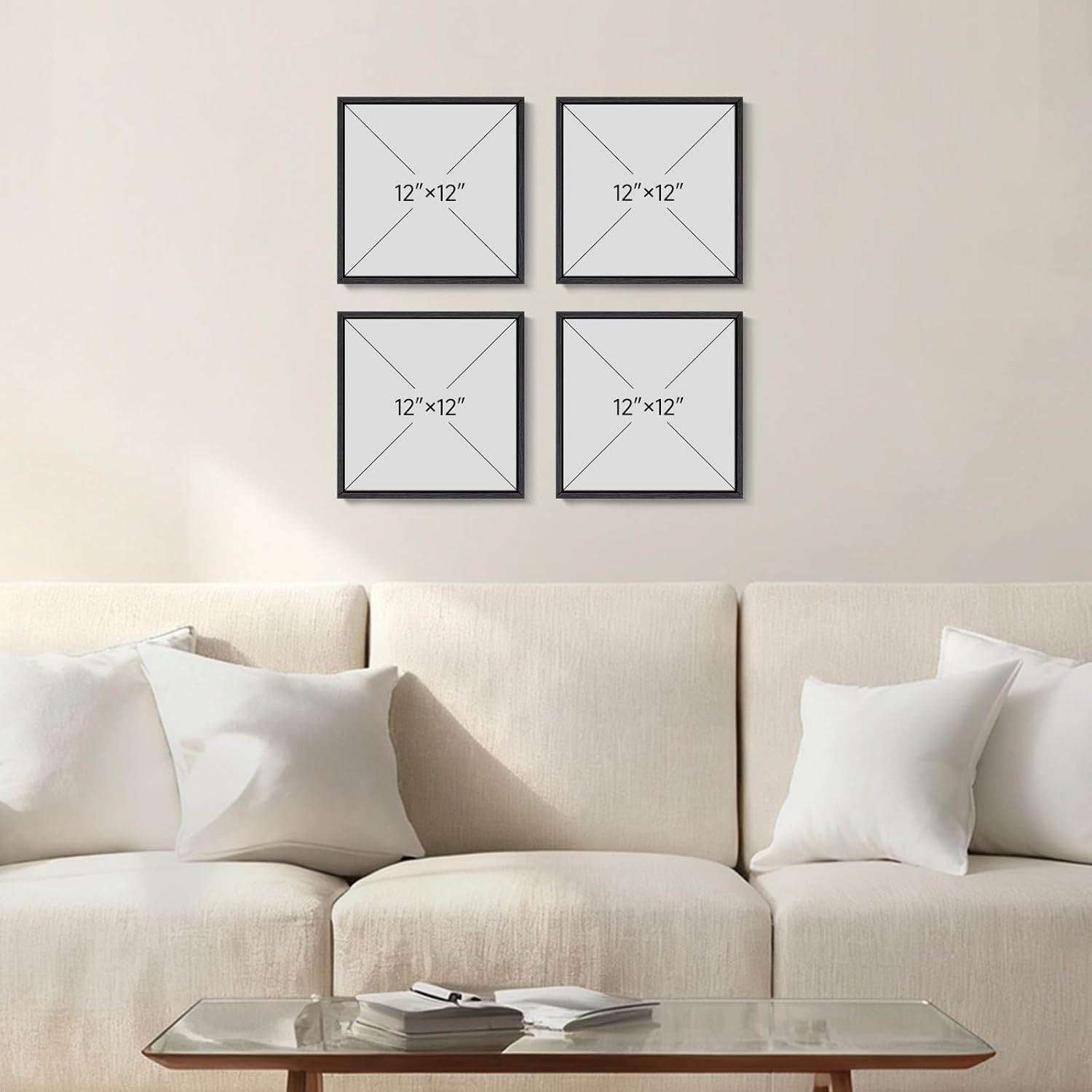 Framed Modern Abstract Wall Art for Living Room, 4 Piece Neutral Contemporary Brown Canvas Prints Artwork for Walls, Minimalist Geometric Square Wall Art for Bedroom Office Hallway, 12x12 Inch