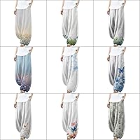 MARSVOVO Women's Linen Wide Leg Palazzo Pants Floral Print Culottes Summer Beach Baggy Capri Trousers