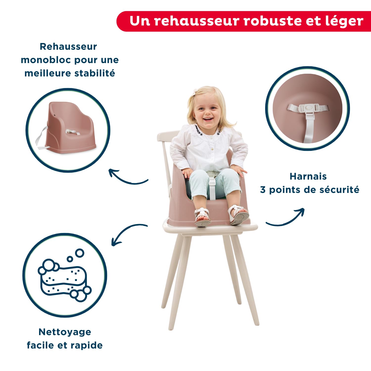 THERMOBABY - Chaise Haute Bébé 2 en 1 Youpla - Évolutive En Rehausseur Chaise Enfant - Tablette Amovible - Harnais 3 Points - Dès 6 Mois, Jusqu'à 3 Ans ou 15kg - Fabriqué En France - Rose Câlin