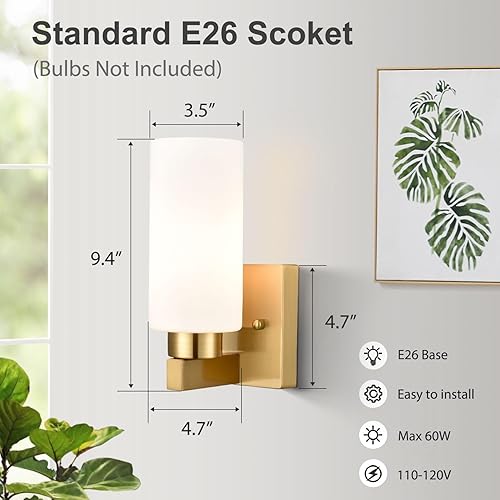 Miniatura 4 de Juego de 2 lámparas de pared modernas de latón para tocador de baño con pantalla cilíndrica blanca lechosa de cristal