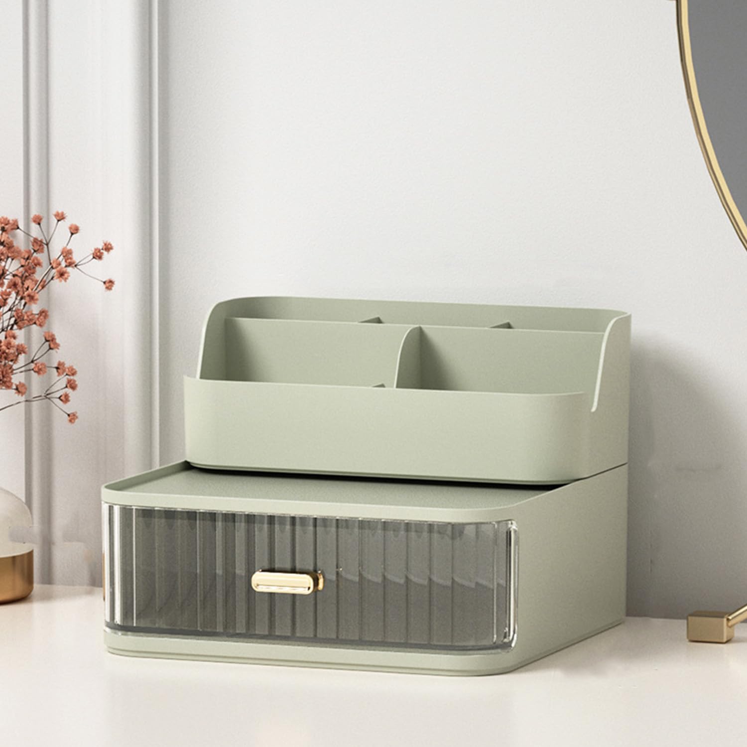 GKEVER Plastic Cosmetic Storage Drawers Organizer, Stackable Cosmetic Organizer Countertop with Drawers, Clear Makeup Organizer for Vanity, Bathroom, College Dorm, Closet, Desk (green, 1 tier)