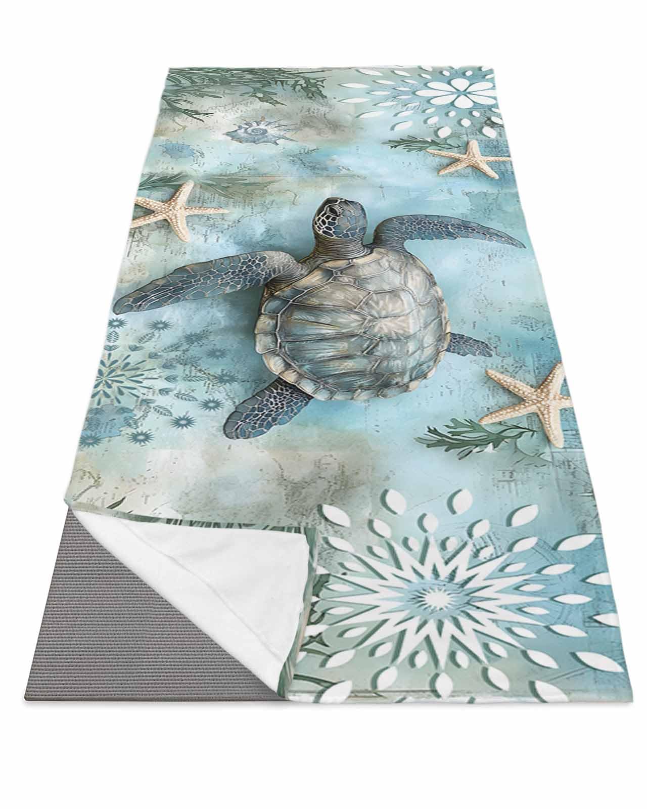 BOSIJOY Yoga Mat Towel,Underwater Sea Turtle Starfish Non Slip Sweat Absorbent Hot Yoga Towels with Corner Pockets,Seaweed Shell on Retro Map Soft Microfiber Towel for Pilates Bikram 70