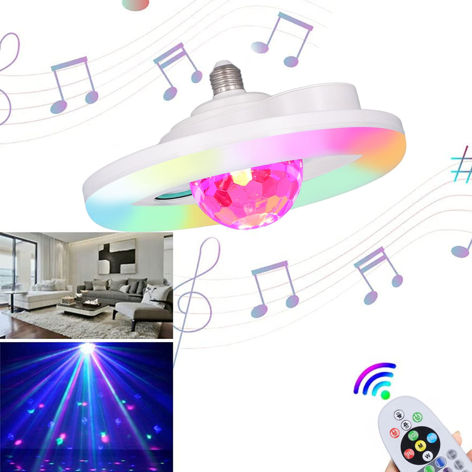 Luz Música LED Bluetooth, Lámpara Música Que Cambia Color RGB, Bombilla Luz Que Cambia 5 Colores con Control Remoto Y Altavoz Doble Mood Ambiance Lighting LED Music Lámpara Techo para la Fiesta