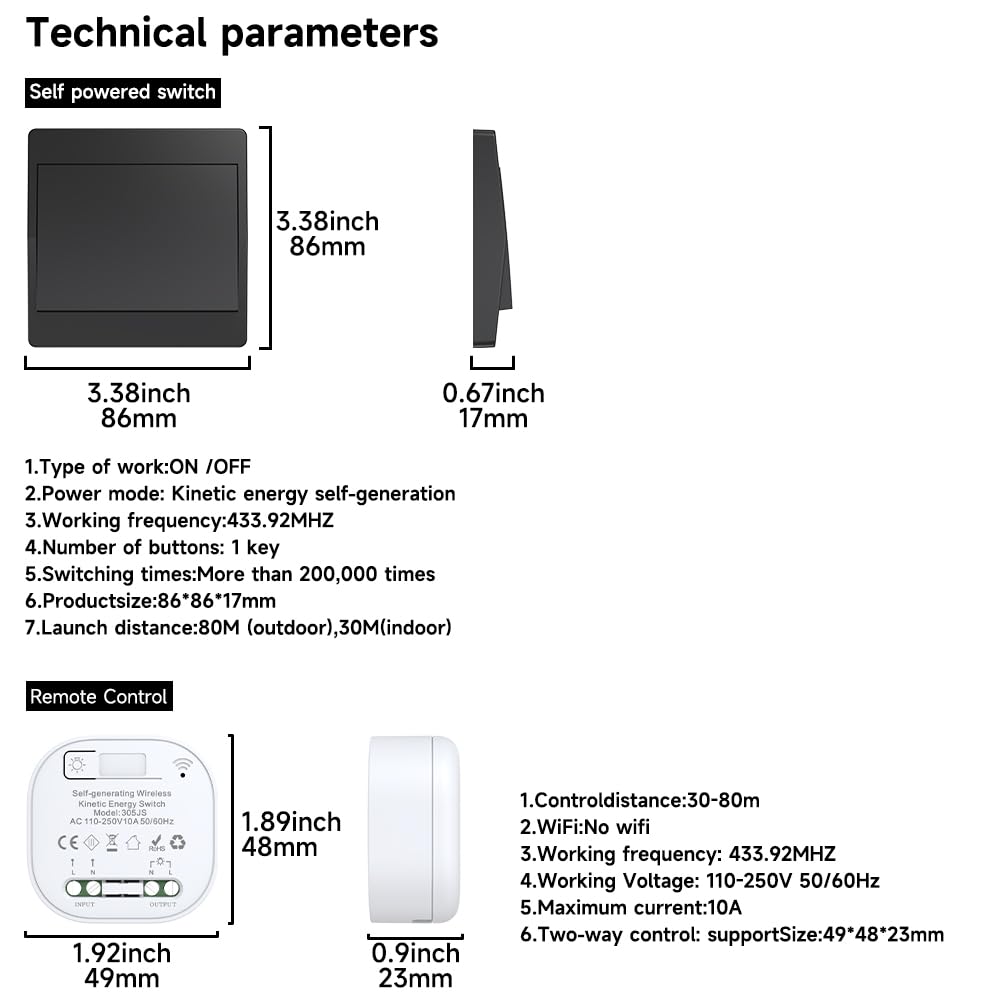 interruptor inalámbrico cinético negro RF interruptores inalámbricos de control simple y doble sin batería mando a distancia radio interruptor inalámbrico (Negro 1Gang 1V1 EU)