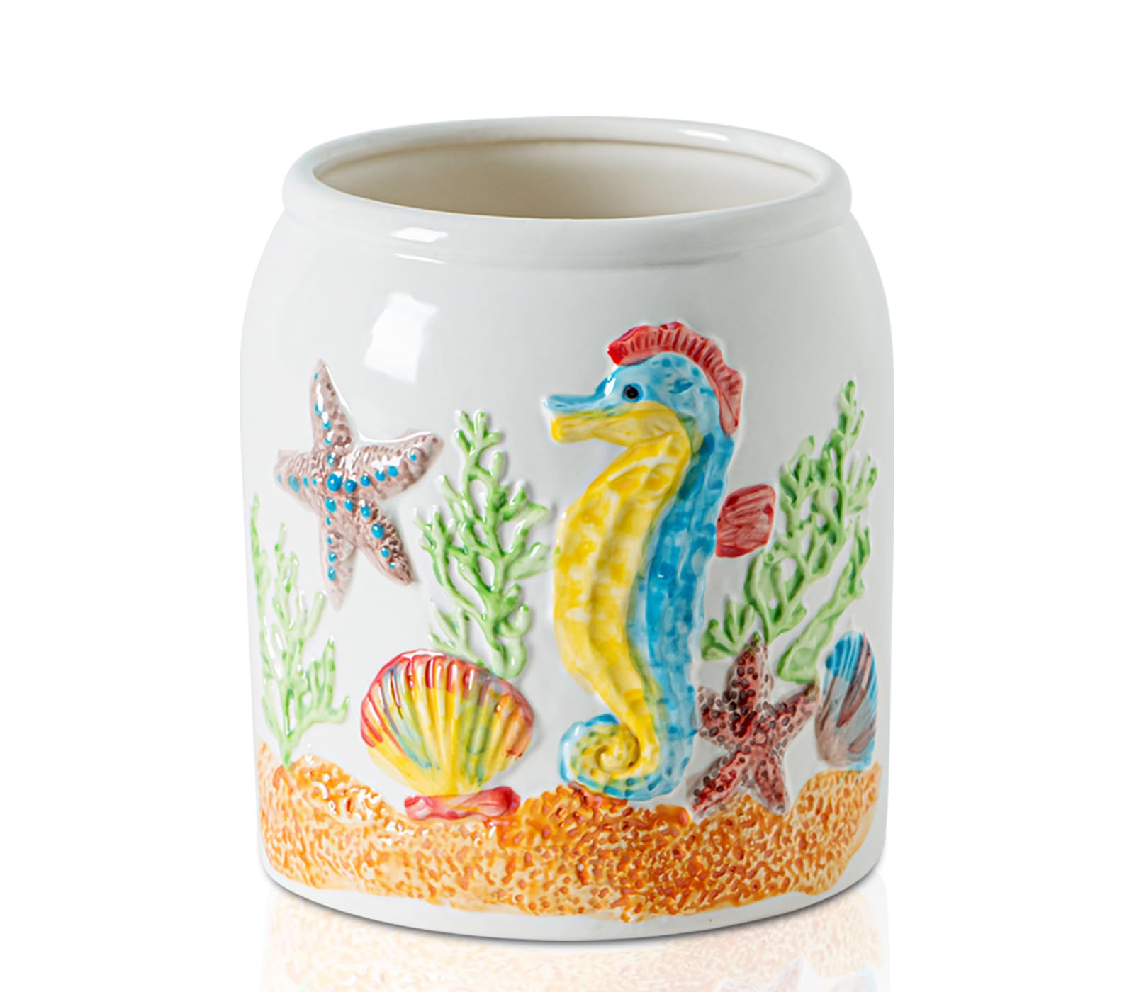 dgudgu Ocean Theme Kitchen Utensil Holder For Kitchen Counter Ceramic Utensil Crock White Cooking Utensil Holder For Countertop With Colorful Relief Decoration Of Seahorse, Conch, Starfish, Coral