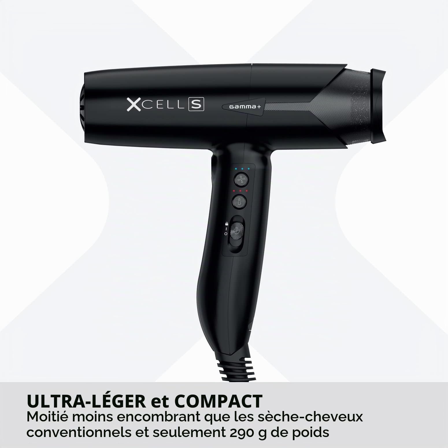 GAMMA+ Sèche-cheveux Ionique XCELL S, Sèche-cheveux Ultra-léger 290 gr, Action Bactéricide Désinfectante, Fonction Mémoire Intelligente, Interface LED, Technologie autonettoyante (Prise SCHUKO)