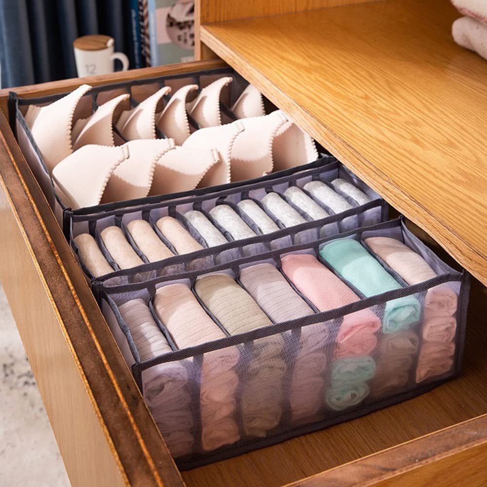 3PCS Wardrobe Clothes Organizer, 6+7+11 Grids Foldable Closet Organizers, Compartment Storage Box with Mesh Separation for Jeans T-Shirt Pants Legging