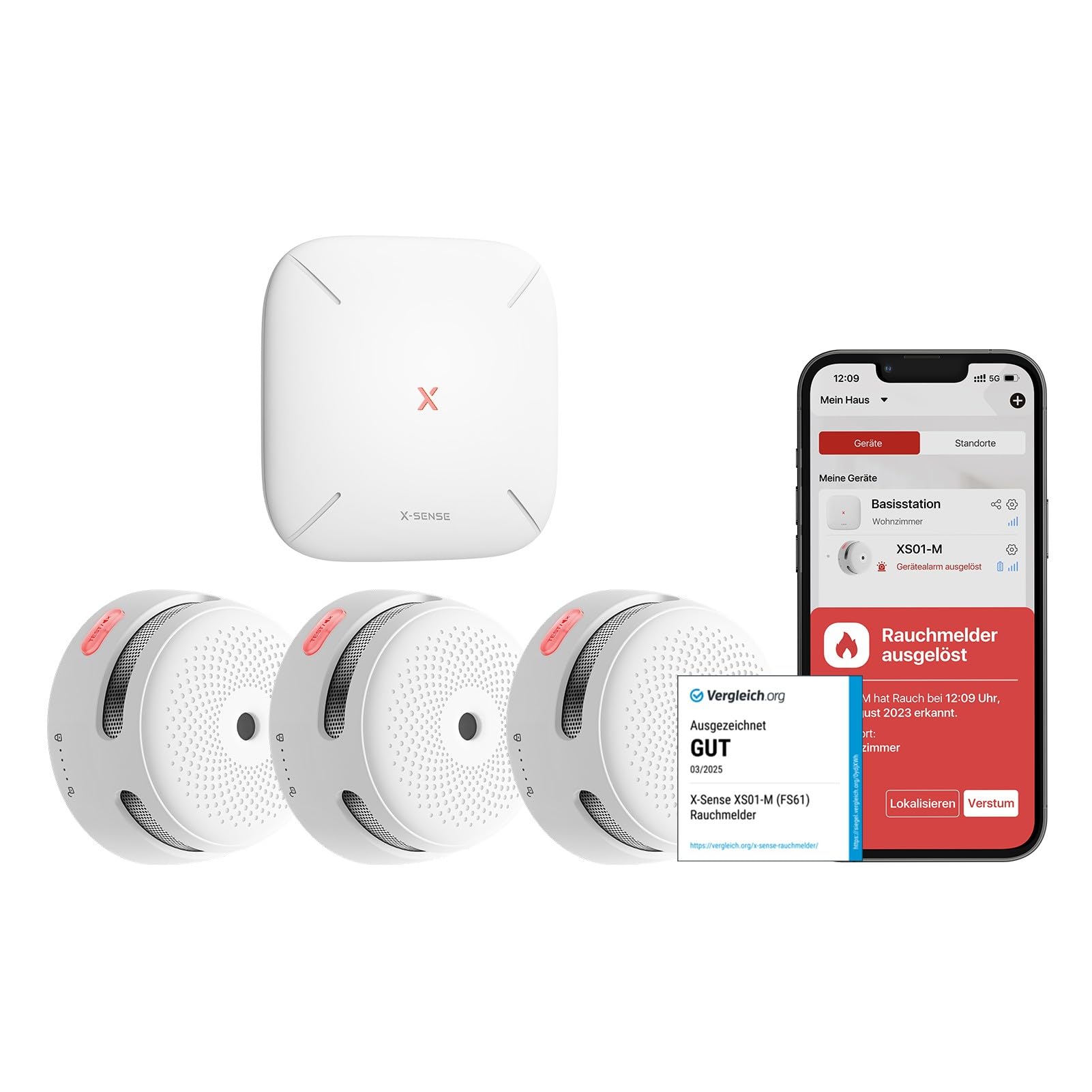 X-Sense Smart Rauchmelder XS01-M mit SBS50 Basisstation, Zertifiziert nach EN 14604, Funkrauchmelder mit WLAN, vernetzbarer Feuermelder, kompatibel mit der X-Sense Home Security App, FS31, 3 Stück