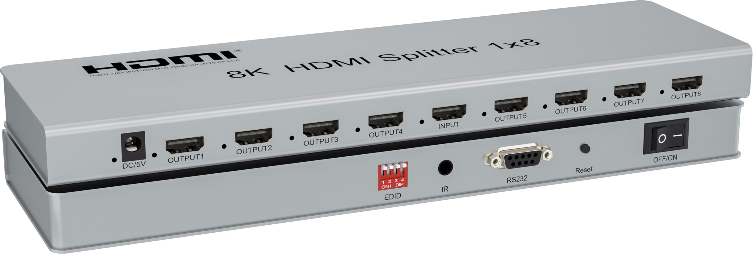 PremiumCord Rozdzielacz HDMI 1-8, Wideo 8K 4320p 60 Hz, 4K 2160p 120 Hz, Full HD 1080p, HDMI 2.1, 40 Gbit/s, HDR10, DolbyTrueHD, CEC, Mała Obudowa Metalowa, Srebrny