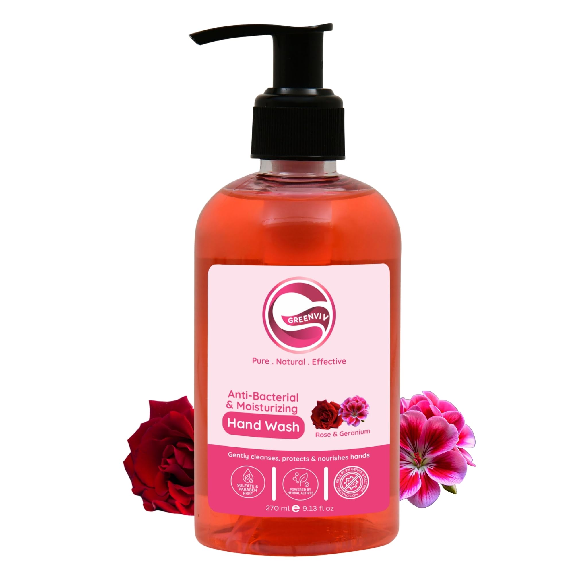 Greenviv Natural Handwash Liquid Rose & Geranium, 270ML, Anti Bacterial Moisturizing Hand Wash