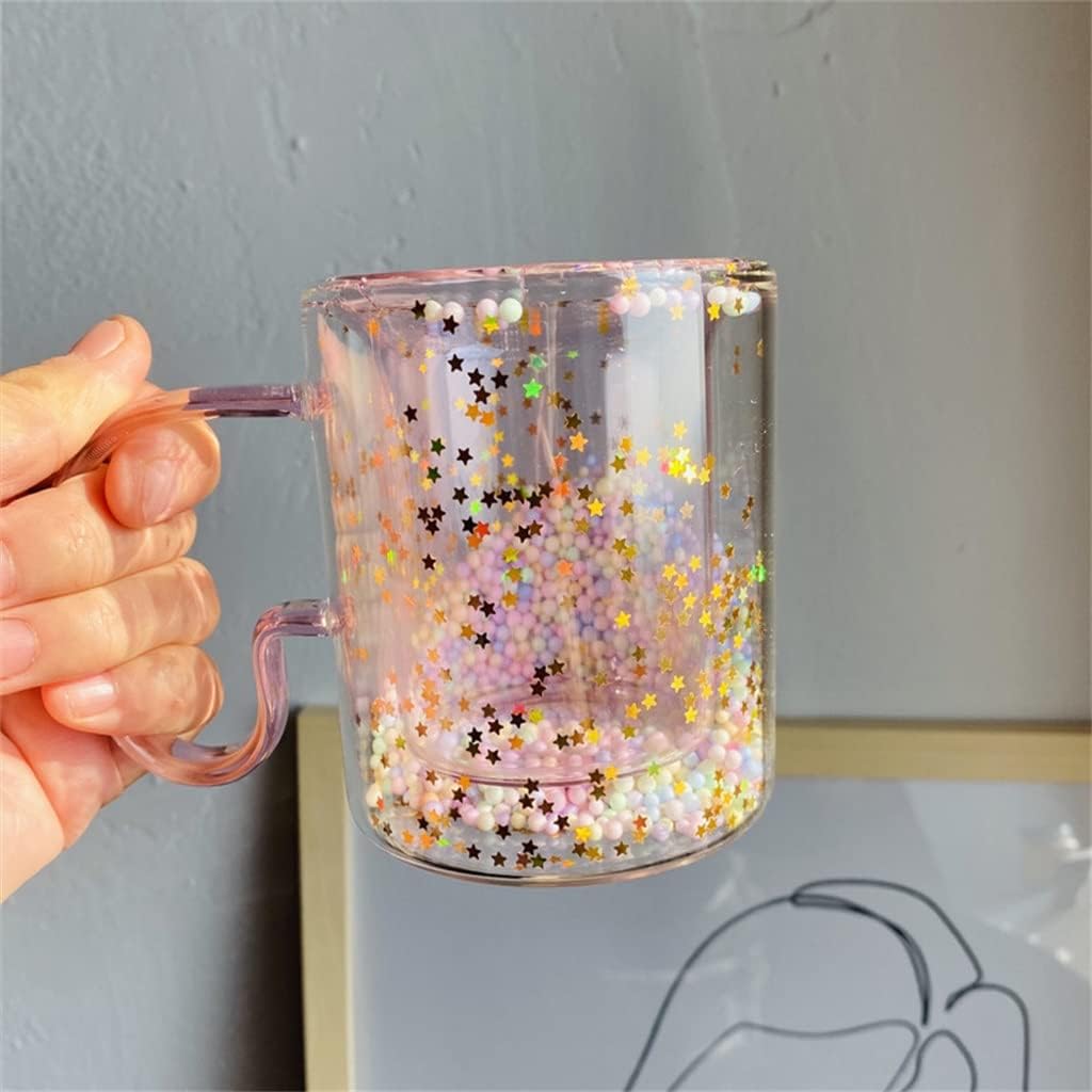 Girl Heart Glass Layer Bubble Cup Heat Insulation Drink Juice Big Handrip 280ml