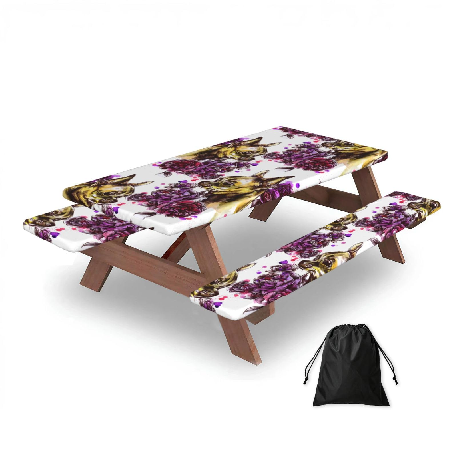 Dopklna As Picture Chihuahua And Rose, Picnic Table Cover With Bench Covers -Waterproof Elastic Fitted Tablecloth For Garden Camping Patio 76X152cm