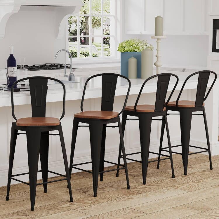 Changjie Furniture Metal Bar Stools Counter Height Stool Bar Stools Set of 4 Kitchen Swivel Dining Bar Chairs (High Back Matte Black Wooden, Swivel 30 inch)