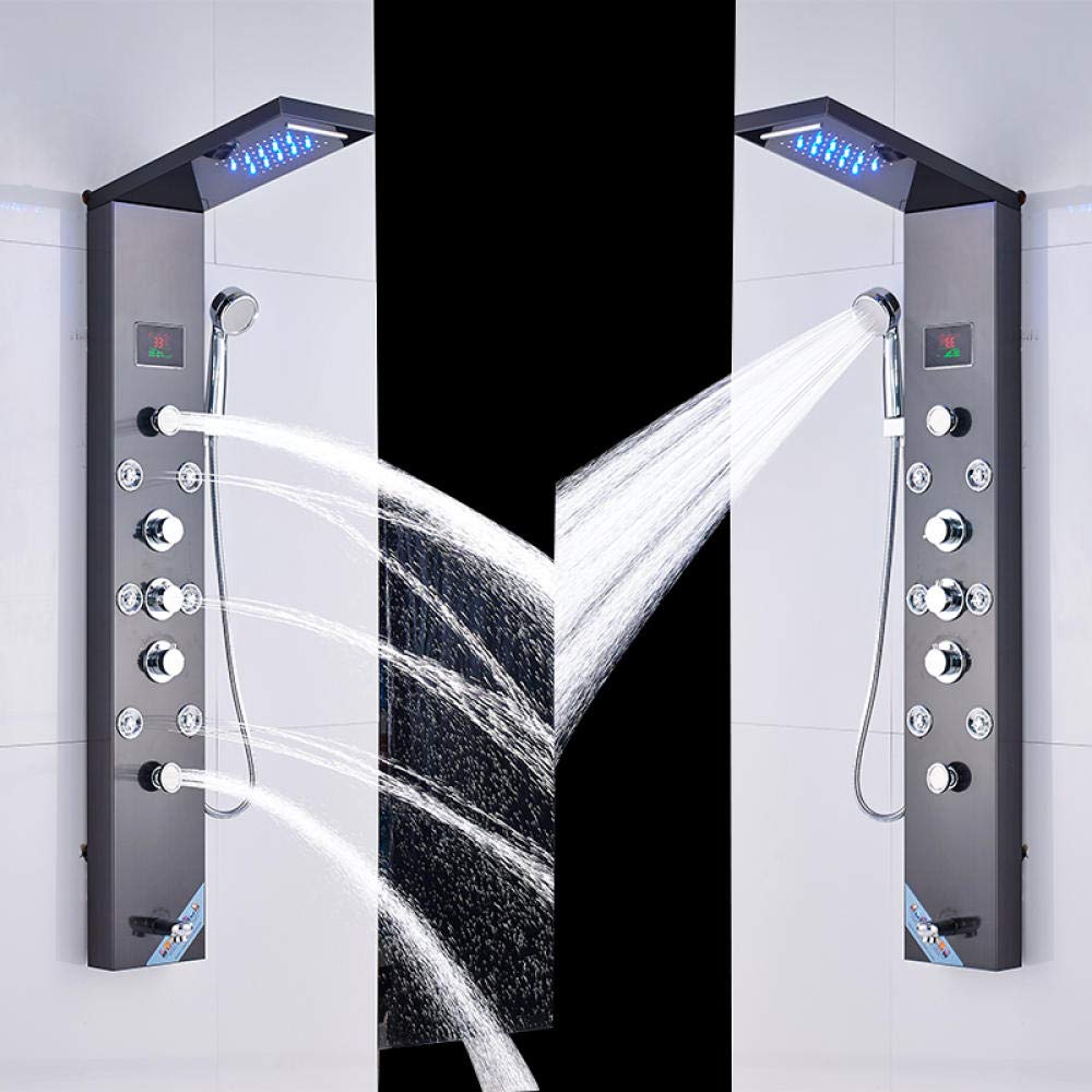 Panel prysznicowy LED z kranem, głowica wodospadowa, głowica prysznicowa, temperatura, deszczownica, bateria prysznicowa, szczotkowany nikiel