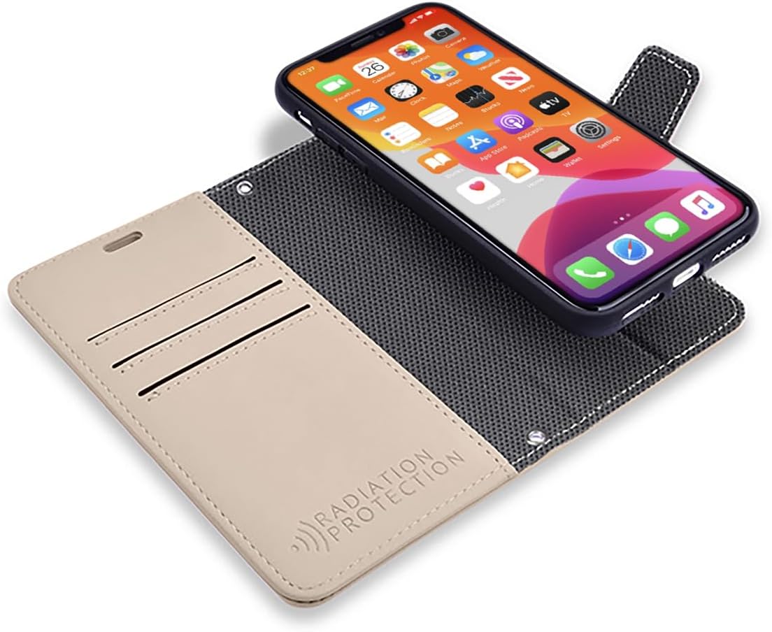 SafeSleeve Wallet Leather Case Detachable for iPhone 15 Pro Max EMF Blocker for Cell Phone with 3 Card Holder & Adjustable Stand – Magnetic Closure, and Magnetic Folio Protection for Daily Use (Beige)