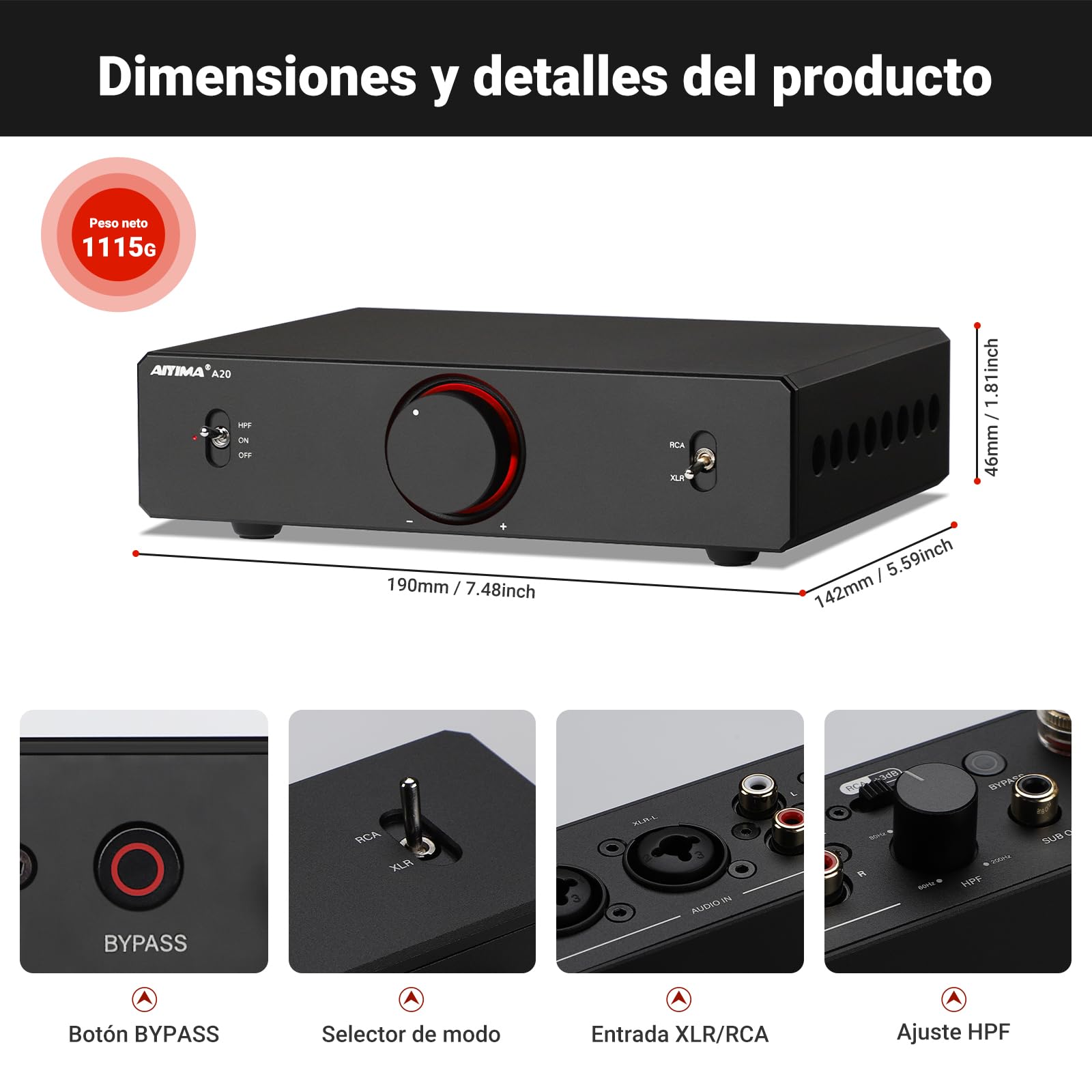 Amplificador estéreo balanceado AIYIMA A20 con Ajuste HPF Home HiFi 2.1 Amplificador de Clase D de Escritorio TPA3255 PFFB con Entrada RCA/XLR y Entrada de Disparo de 12 V para Altavoces pasivos