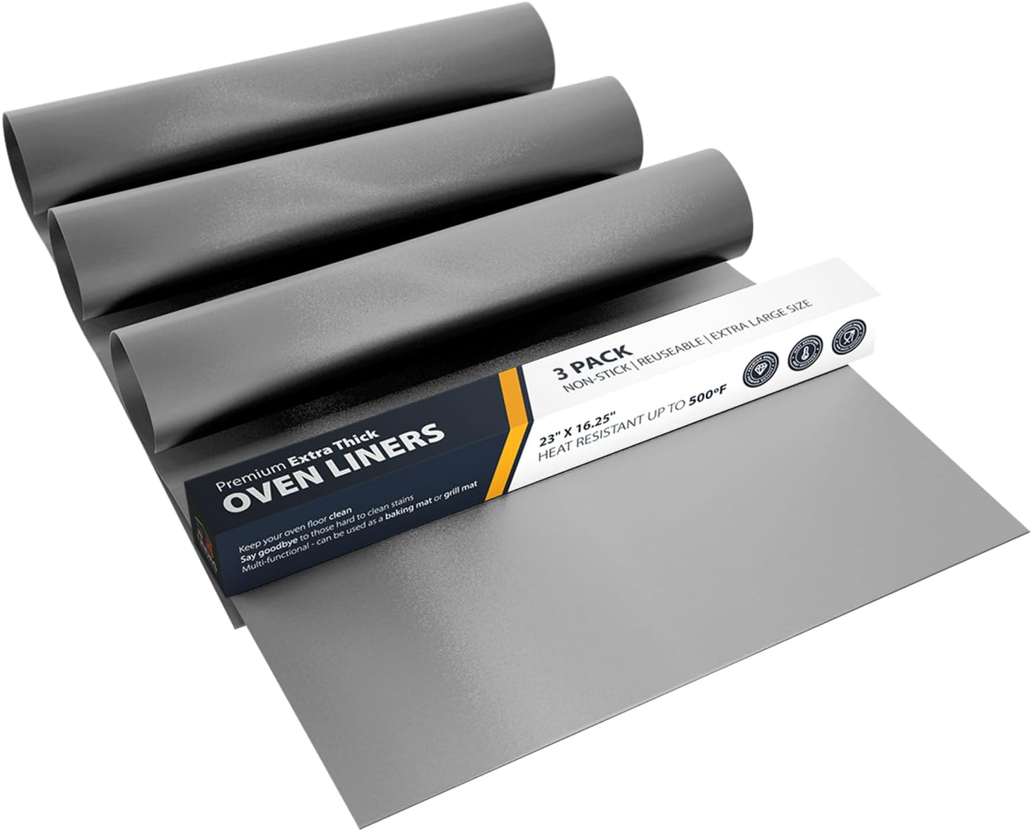 LindasEssentials Oven Liners 3 Pack - Heavy Duty Non-Stick Mats 16.25x23" for Electric Gas Ovens, Toasters, Grills - BPA PFOA Free Reusable (Silver)