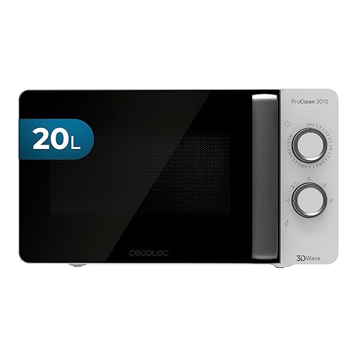 Cecotec Microondas ProClean 3010. 700 W, 20 L de capacidad, Revestimiento Ready2Clean, Tecnología 3DWave, Modo Descongelación, 6 Niveles de Potencia, Temporizador 30 mins