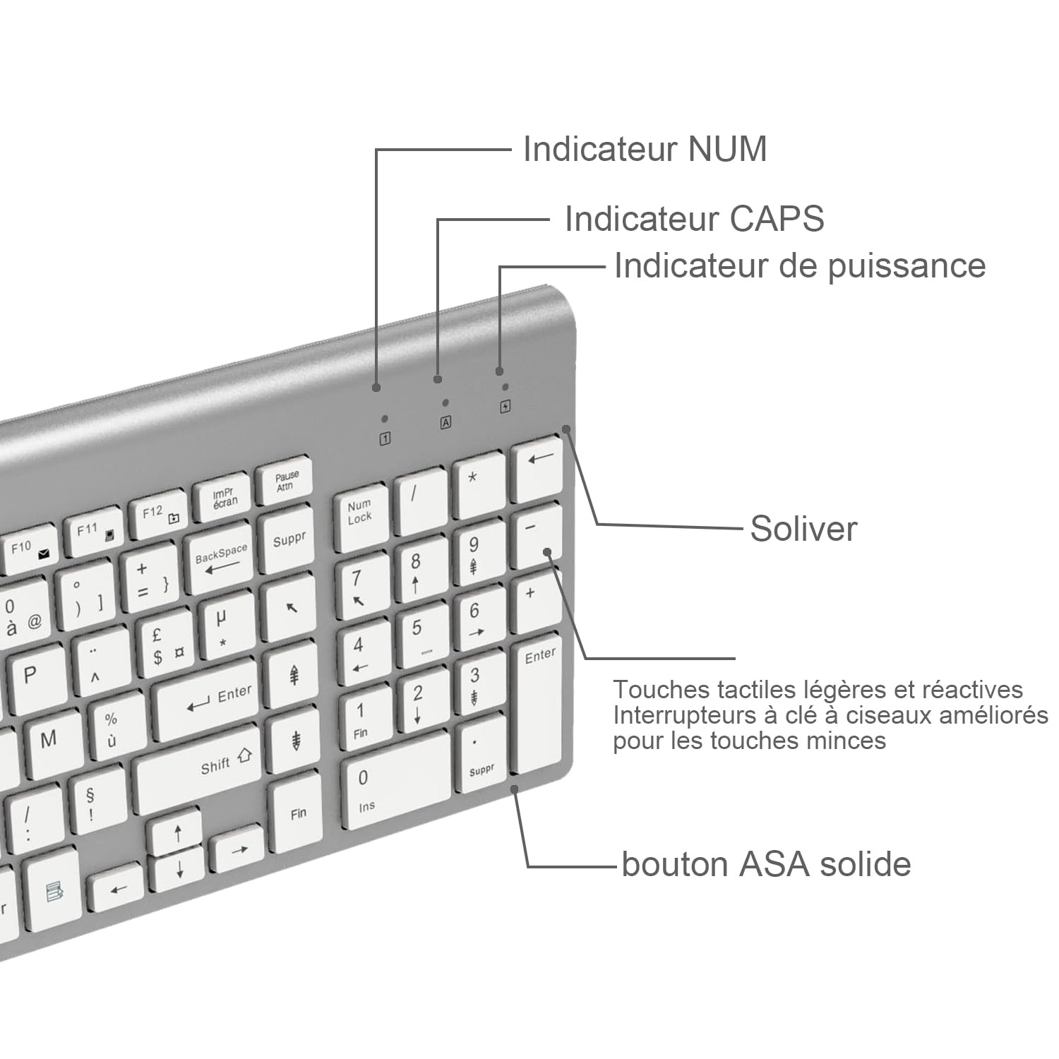 Clavier Souris sans Fil - AZERTY 2.4G Silent Compact Clavier de Souris Pleine Taille Ergonomique pour PC/Ordinateur/Laptop/TV/Windows - Blanc argenté