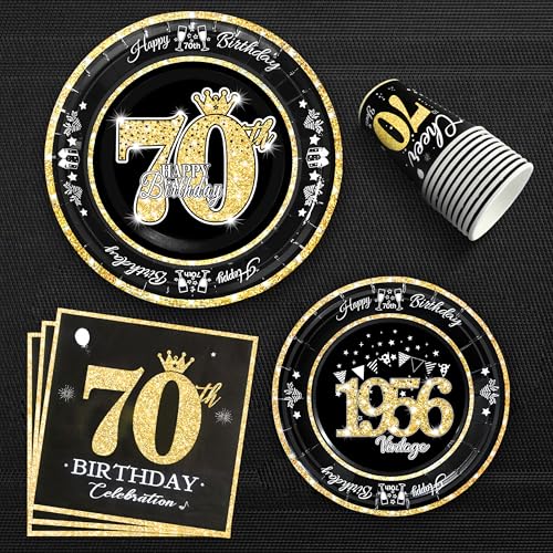 Image of 70th Birthday Decorations Plates and Napkins Black and Gold, Service for 30, Vintage 1956 Birthday Party Bundle Includes Black Gold Plates, Napkins, Cups 70th Birthday Supplies for Men Women