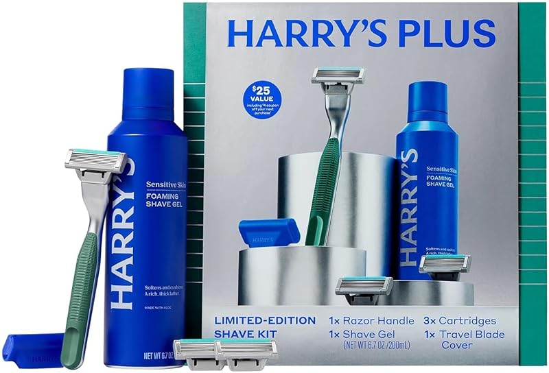 Plus Shave Gift Set for Men - Limited Edition Shave Kit for Men | 1 Razor Handle, 3 Cartridges, 1 Travel Blade Cover, and 6.7 oz Foaming Shave Gel