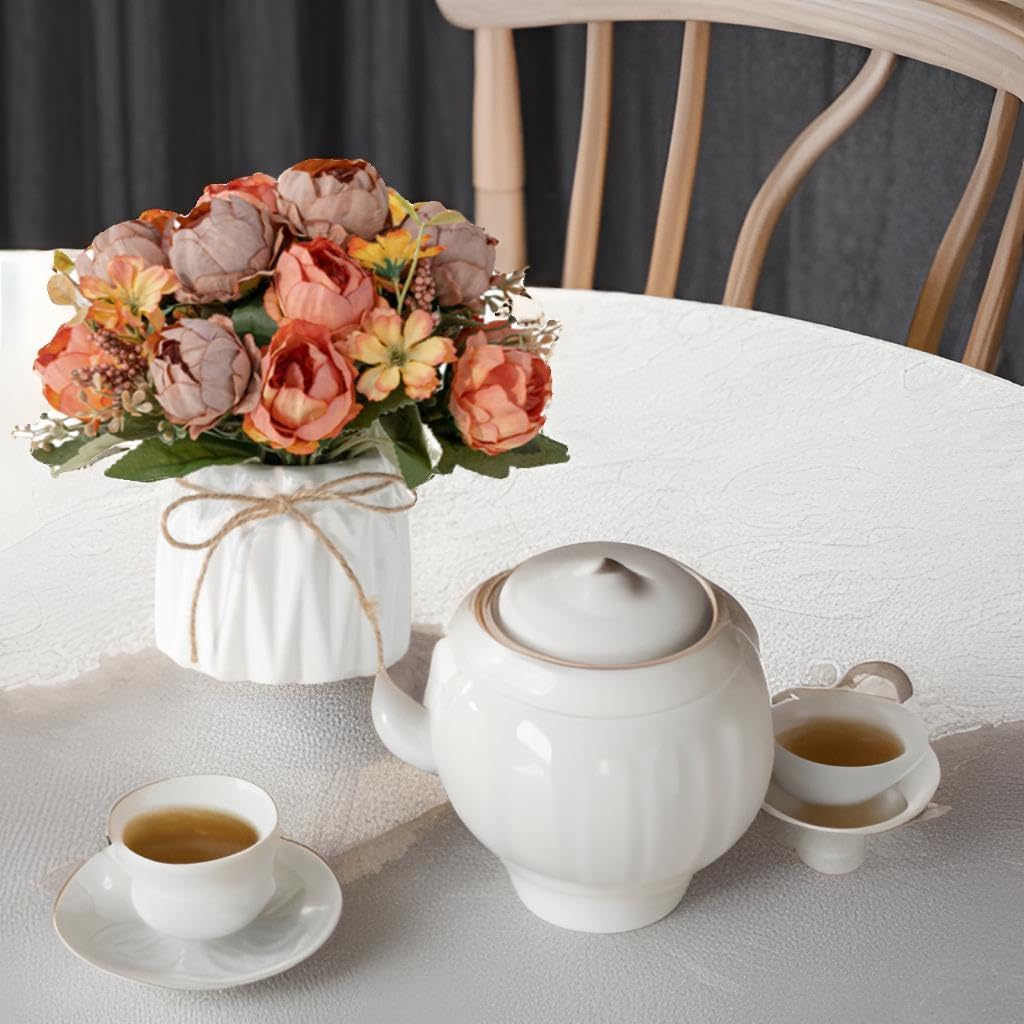 Hbluefat Faux Flowers with Vase,Artificial Silk Flowers in Ceramic Vase,Small Fake Flower Arrangement for Home Office Kitchen Bathroom Coffee Dining Table Centerpiece Decor (Orange,Peony) - Image 2